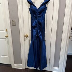Royal blue Satin Evening Gown with ruching—Size 8